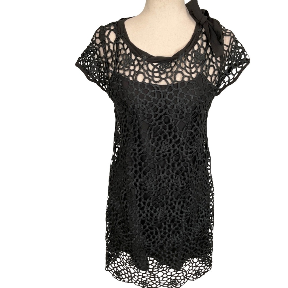 Gracia Crochet Overlay Dress Womens Small Black Sheer Cocktail Boho Summer LBD‎
